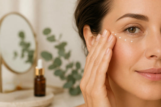 Femme appliquant un soin sur le contour des yeux pour atténuer les rides et prévenir le vieillissement de cette zone délicate du visage.