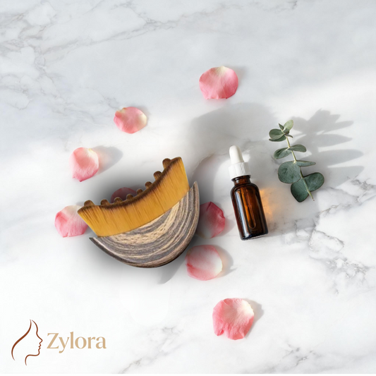 Brosse de drainage lymphatique visage posée sur marbre avec pétales de rose et flacon sérum — rituel beauté naturel Zylora