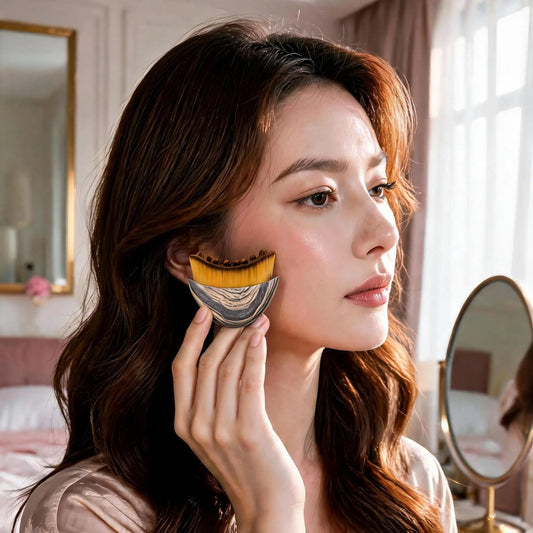  Femme utilisant une petite brosse faciale devant une coiffeuse dans une chambre parisienne baignée de lumière douce de chez zylora