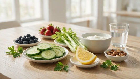 Aliments anti-rétention d’eau pour visage gonflé (concombre, citron, céleri, yaourt, fruits rouges, noix, verre d’eau) sur table en bois claire.