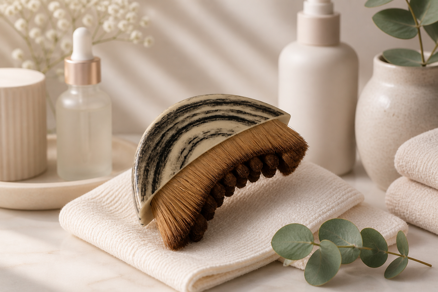 Brosse de soin pour le corps avec poils naturels et poignée ergonomique, posée dans un environnement spa minimaliste avec serviette, flacons de soins et plantes, ambiance douce et relaxante.